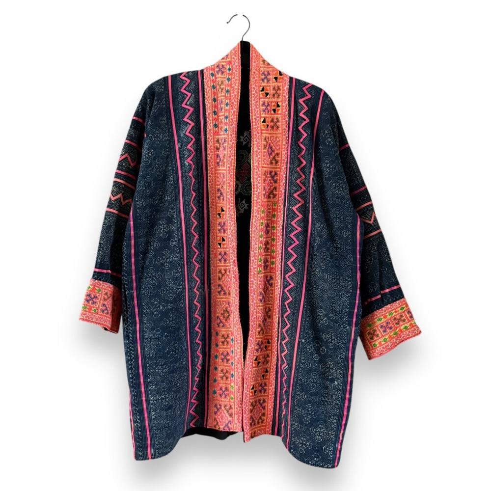 Hmong Embroidered Indigo Dye Reversible Jacket Thai Asian Boho Bohemian Artistic